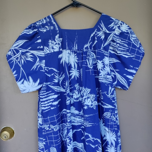 Kalena Fashions Made in Hawaii Blue and White Map Vintage Mumu Dress - Picture 6 of 6